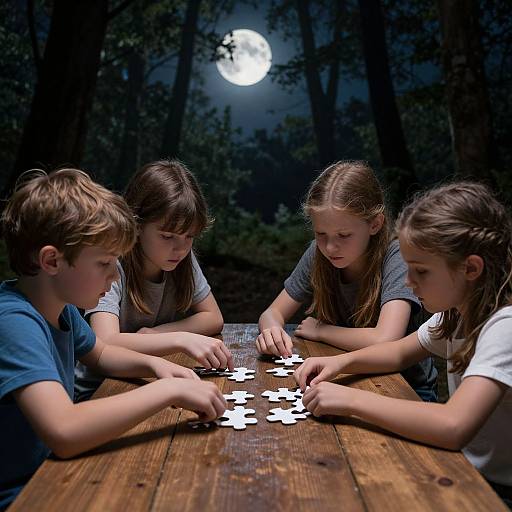 Four children with light brown hair, sitting around a wooden table at night in a forest, intensely working on a puzzle under a full moon.