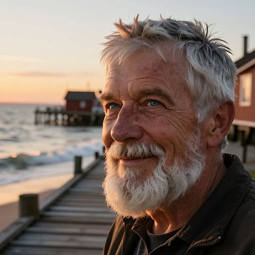 Photograph of an elderly white man with white hair and beard, smiling at sunset on a wooden pier by the ocean.