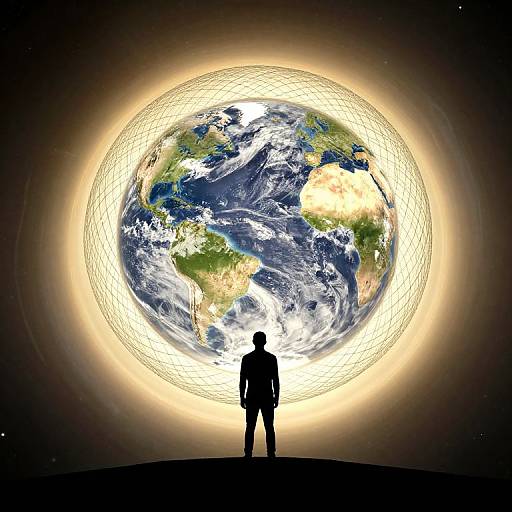 Silhouetted figure stands before glowing, orbiting Earth in space, surrounded by bright, white energy rings against a dark, starry background.