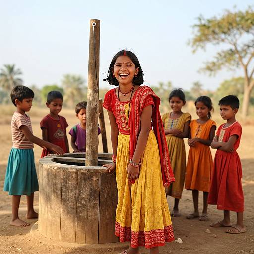 Photograph of a smiling Indian girl in yellow and red traditional dress, standing by a wooden water well, surrounded by laughing children in colorful clothes in a