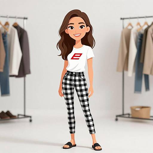 Digital cartoon of a smiling woman with long brown hair, wearing a white 