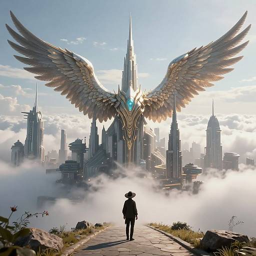 Digital art: Silhouetted figure in black cloak stands on path, gazing at towering, winged metallic angel with blue gem over futuristic city