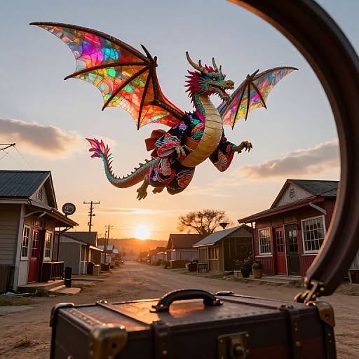 Photograph of a vibrant, rainbow-colored dragon mid-flight over a sunset town, seen through a curved metal frame with a suitcase in the foreground.