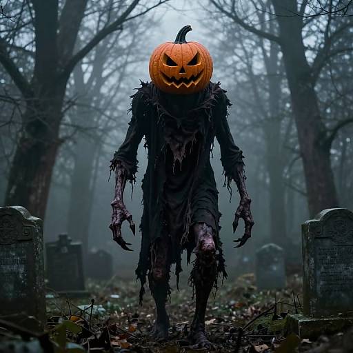 Photograph of a creepy, tattered zombie with a glowing, carved jack-o'-lantern head, standing in a foggy, haunted forest with