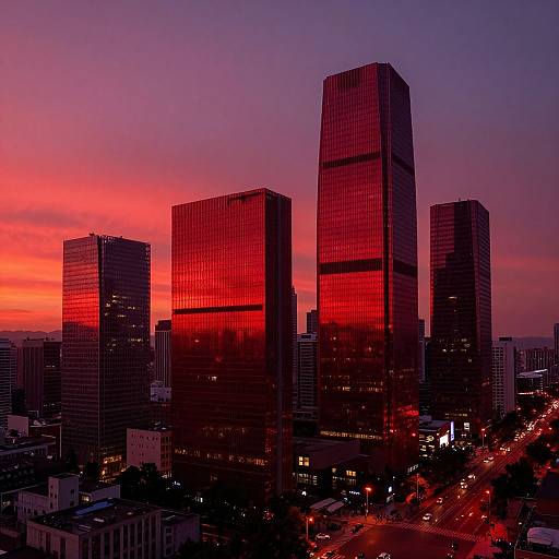 Photograph of a cityscape at sunset, featuring three tall, red-tinged glass skyscrapers against a vibrant pink and purple sky, with