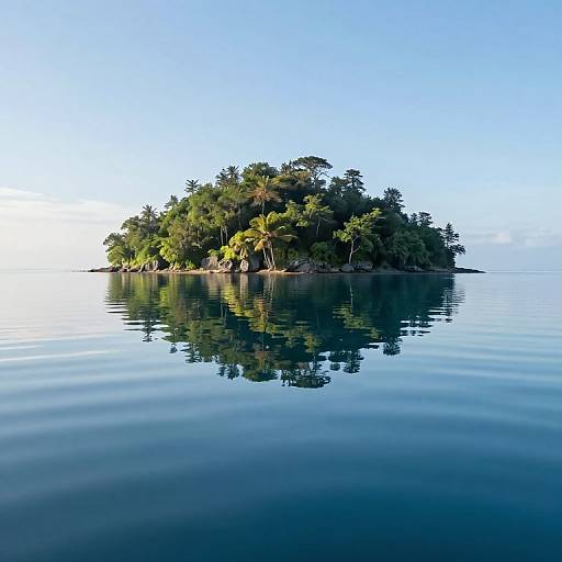 Photograph of a small, lush, tropical island with dense green trees, mirrored perfectly in calm, blue water under a clear sky.
