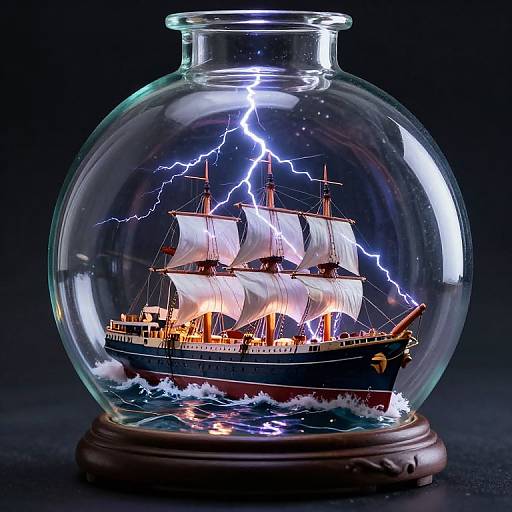 Photograph of a glass dome with a detailed, illuminated model ship, lightning striking its sails, set on a wooden base.