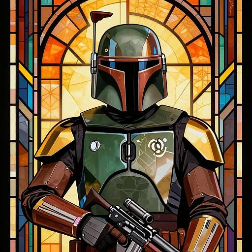 Digital painting of Mandalorian-style armor-clad character with green helmet, holding blaster, in front of vibrant stained glass window.