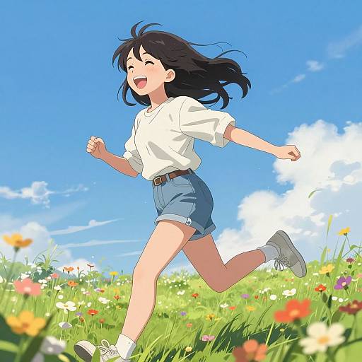 Anime Girl Running Through Flower Field