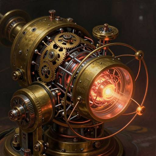 Photograph of a steampunk-style lamp with brass gears, orange glowing light bulb, and metallic wire orbiting around it, set against a dark