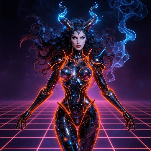Digital artwork of a dark-haired, horned demon woman with glowing neon lines, blue smoke, and a black latex bodysuit, standing on a