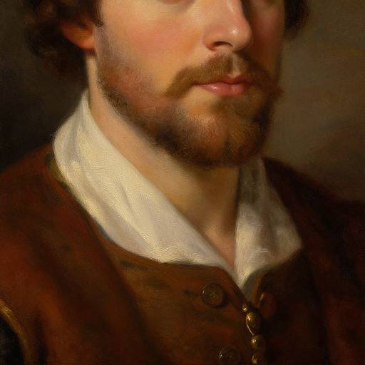 Digital painting of a bearded man with a brown mustache, wearing a brown jacket with a white collar, close-up, warm lighting.