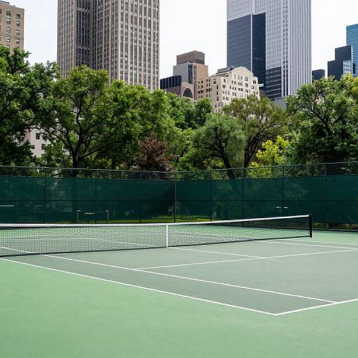 Photograph of a green tennis court in an urban park, surrounded by tall buildings and green trees, with a black chain-link fence in the background.