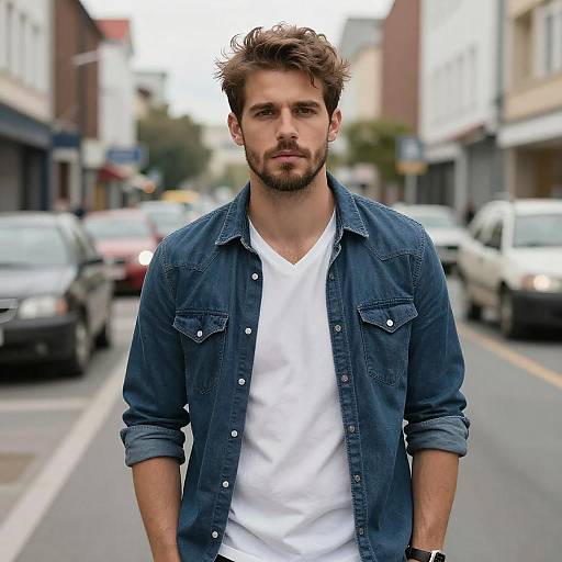 Photograph of a handsome, brown-haired, bearded man in a white V-neck shirt and blue denim jacket, standing on a busy urban street with