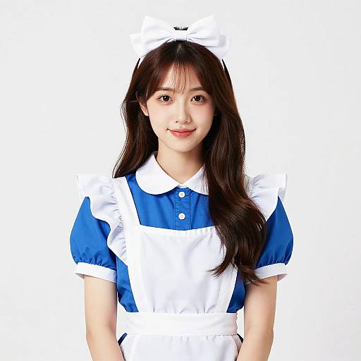 Photograph of a young Asian woman with long brown hair, wearing a blue and white maid outfit with a white headband, smiling against a white background