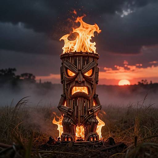 Photograph of a wooden, torch-lit, tribal mask statue with glowing eyes and mouth, set against a dramatic, dark, and colorful sunset sky