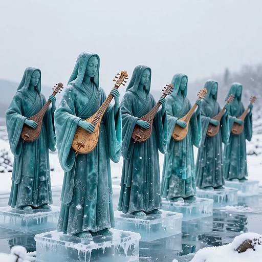 Photograph of five greenish-blue stone statues of robed musicians playing acoustic guitars, standing on ice in a snowy, wintry landscape.
