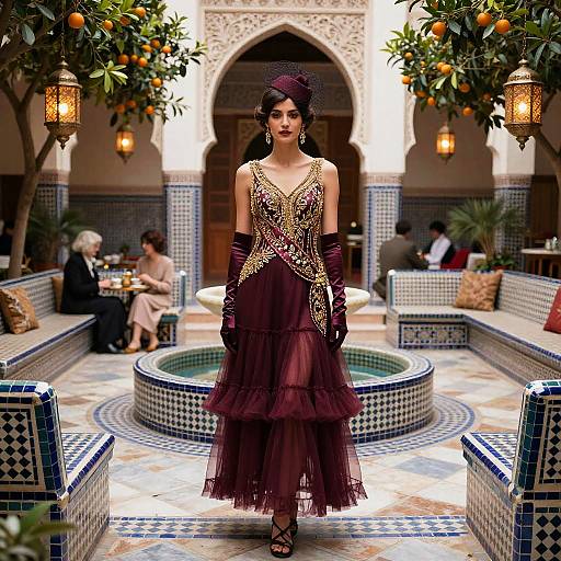 Woman in Burgundy Dress in Moroccan Riad Courtyard