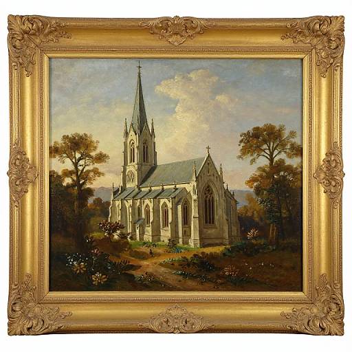 Oil painting of a Gothic-style church with a tall steeple, surrounded by trees, in an ornate, gilded frame.