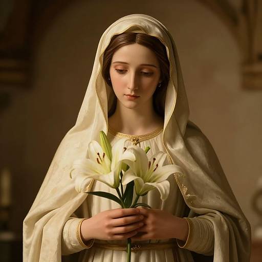 Digital painting of a serene young woman with fair skin and brown hair, wearing a white veil and holding white lilies, in a softly lit, warm