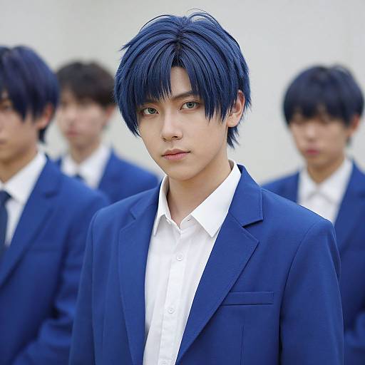 Photograph of a young Asian man with blue hair, wearing a navy suit and white shirt, standing in front of three blurred, similarly dressed men,