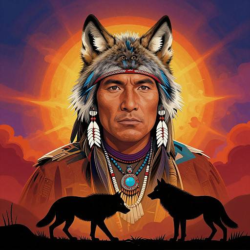 Digital artwork of Native American man with wolf headband, colorful feathers, blue pendant, serious expression, orange sunburst background, two wolf silhouettes