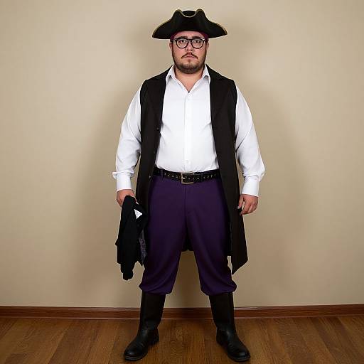 Photograph of a bearded man in glasses, white shirt, black vest, navy pants, black boots, and a tricorn hat, holding a