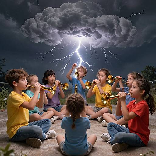 Photograph of eight children playing trombones under a dramatic sky with lightning-filled clouds, seated in a circle on a concrete surface.