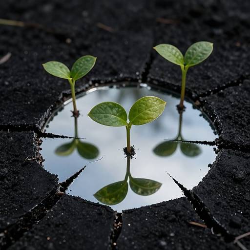 Photograph of three small green seedlings with reflective water puddle on dark, textured soil, capturing their delicate leaves and stems.