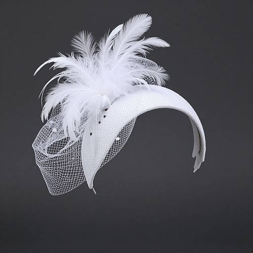 Digital artwork of a white, feathered headpiece with intricate mesh overlay, set against a dark blue background. The headpiece floats elegantly, showcasing