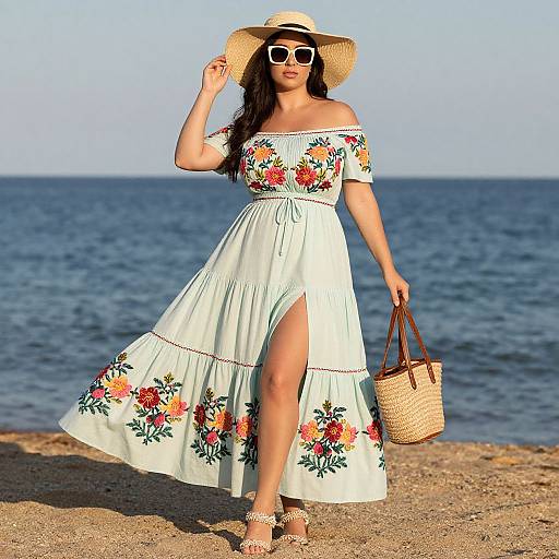 Photograph of a woman in a white floral off-shoulder dress, straw hat, sunglasses, holding a woven bag, standing on a sunny beach