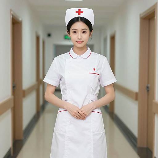 Photograph of an Asian female nurse with black hair, wearing a white uniform with red cross, standing in a bright, empty hospital hallway.