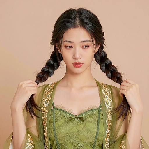 Pensive Asian Woman in Green Outfit