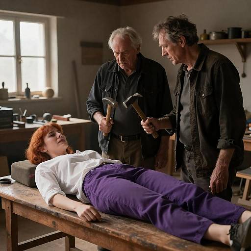 Intense Scene in Rustic Workshop Setting