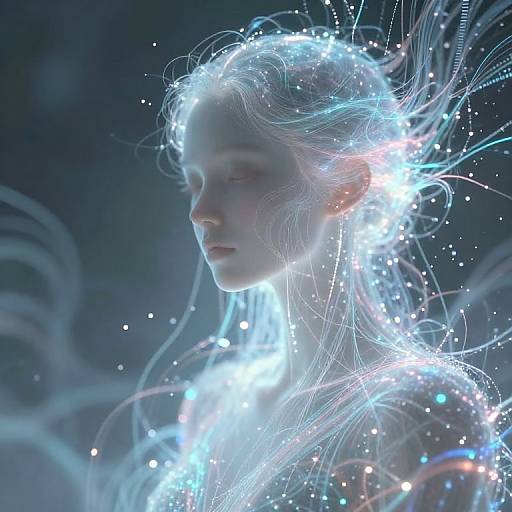 Digital artwork of a serene, ethereal woman with glowing blue-white hair and light trails, set against a dark, starry background.
