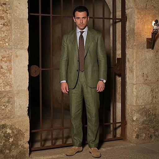 Photograph of a handsome man with short dark hair in a green patterned suit, white shirt, brown tie, and tan shoes, standing in a