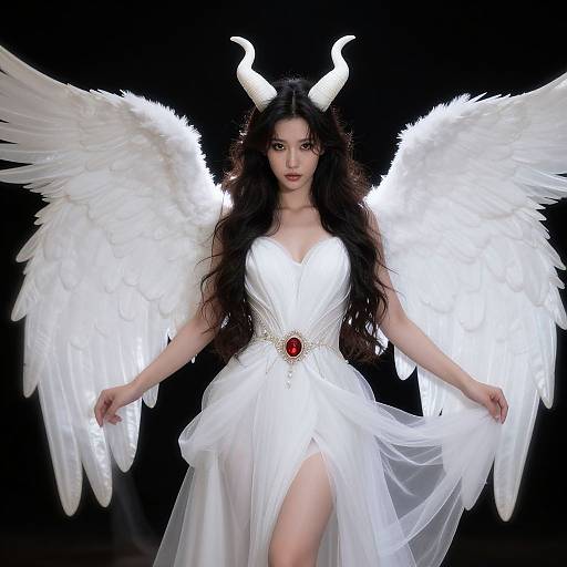 Photograph of an Asian woman with long black hair, white angel wings, and white horns, wearing a glowing white dress with a red gemstone belt
