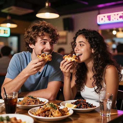 Couple Enjoying Neon-Drenched Indulgence