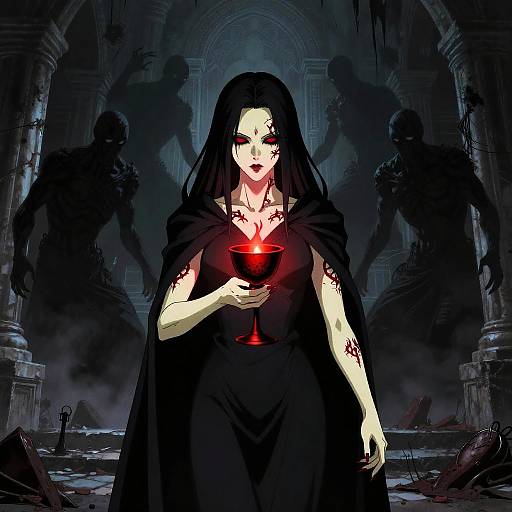 Digital art: Pale, blood-streaked woman with long black hair, red eyes, and a black dress holds glowing red chalice, flanked