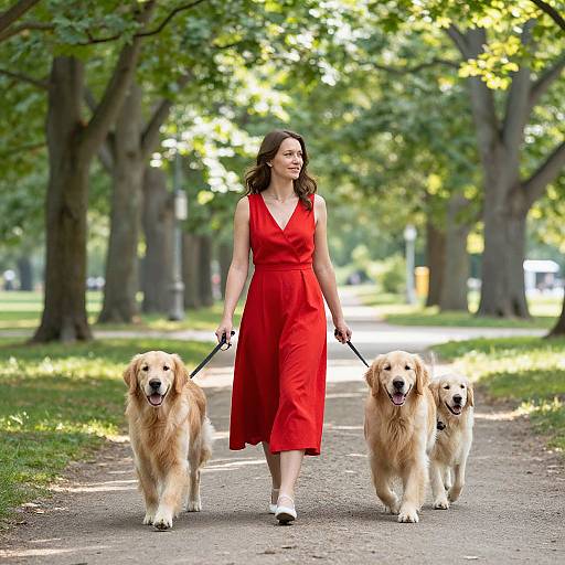 Photograph of a smiling woman in a red dress walking two Golden Retrievers on a leash in a sunny, tree-lined park.