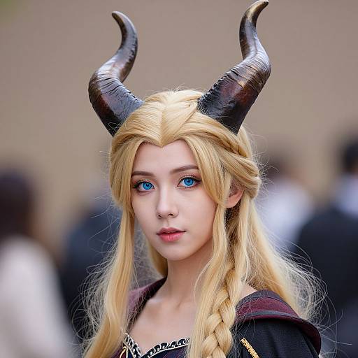 Photorealistic digital artwork of a young woman with long blonde hair, blue eyes, and black, curved horns, wearing a black garment. Blurred