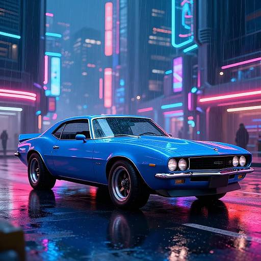 Photorealistic CGI: Bright blue muscle car with four round headlights, parked on a rain-soaked neon-lit city street at night.