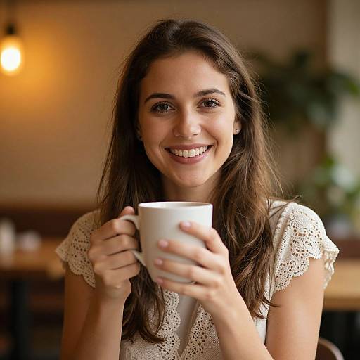 Photograph of a smiling brunette woman with long hair, wearing a white lace blouse, holding a white mug, in a warmly lit, cozy café.