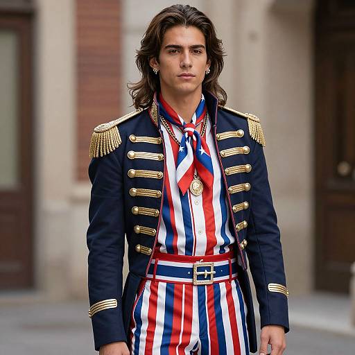 Photograph of a handsome man with long brown hair, wearing a navy military-style jacket with gold epaulettes, and a striped red, white