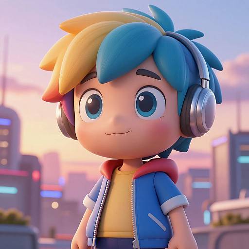 CGI cartoon of a cute, blue-haired boy with big eyes, wearing headphones, a blue jacket, yellow shirt, and smiling in a futuristic city