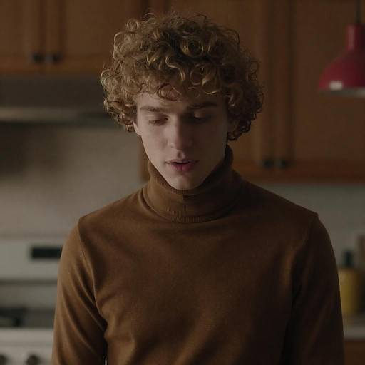 Young Man in Brown Turtleneck in Kitchen