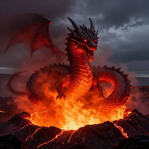 Photograph of a fierce, red and black dragon with glowing eyes and sharp horns, standing amid a blazing, volcanic eruption. Dark clouds loom overhead
