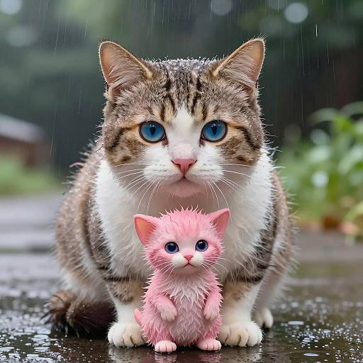 Tender Moment of Tabby and Kitten