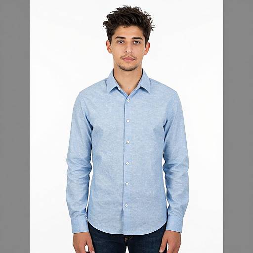 Photograph of a young man with short, dark hair, light brown skin, wearing a light blue button-up shirt and dark pants, standing against a