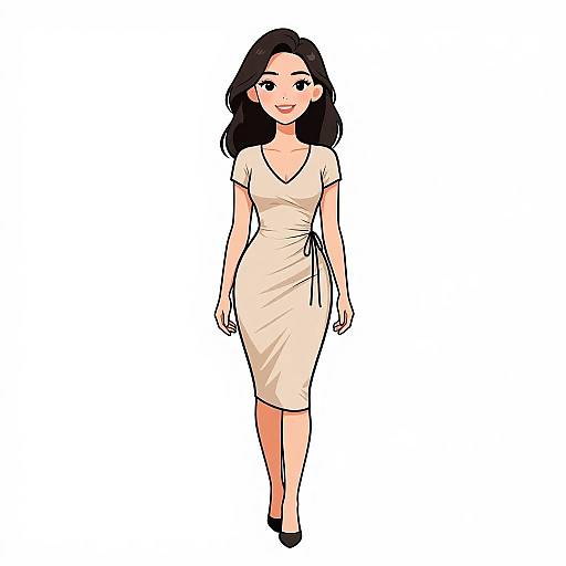 Digital illustration of a smiling Asian woman with long black hair, wearing a cream-colored, V-neck, short-sleeve dress, and black heels,